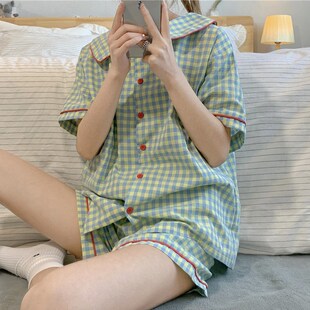 日系格子睡衣女夏季短袖短裤小个子薄款学生两件套纯棉休闲家居服