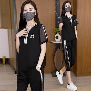 胖mm休闲运动套装女2024夏季新款时尚显瘦v领上衣+七分裤两件套女