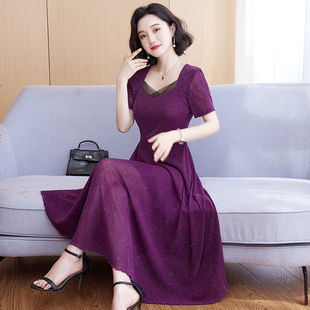 连衣裙女大码 2022新款 网纱气质长款 短袖 收腰显瘦过膝长裙子 夏季