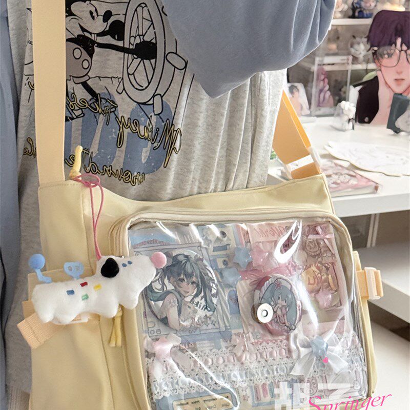 少女学生大容量上课邮差包女可爱吧唧透明痛包简约百搭单肩斜挎包