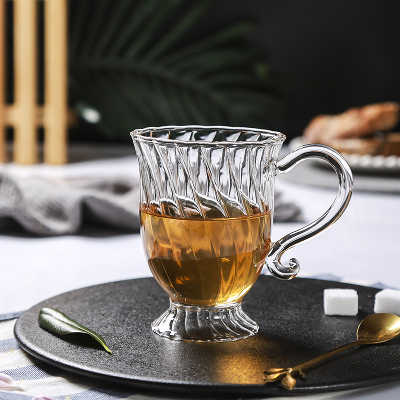 古典英式玻璃杯条纹耐热高脚水杯微波炉可用茶杯下午茶防爆爱心壶