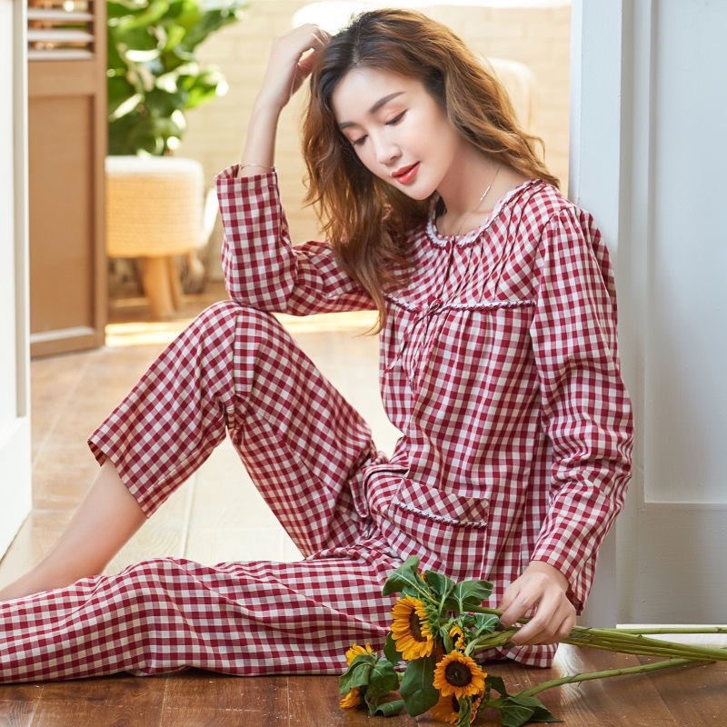 睡衣女春秋款纯棉长袖春夏季格子家居服套装高档可外穿大码妈妈装