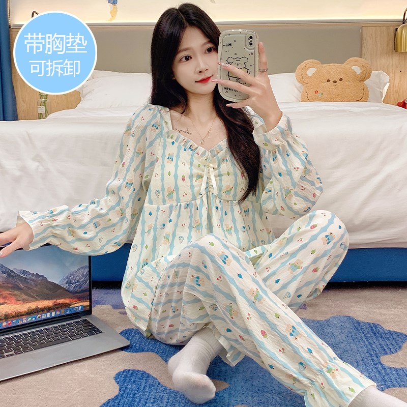 带胸垫睡衣女春秋冬季纯棉长袖卡通蓝色条纹加肥加大码家居服套装
