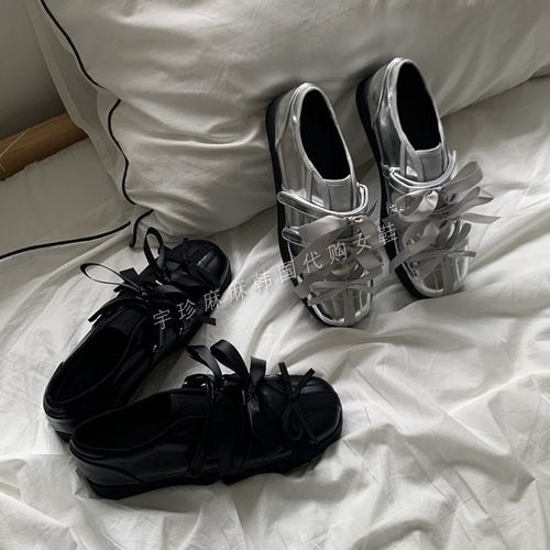 韩国设计感女鞋辣妹银色厚底机能芭蕾鞋厚底单鞋韩系魔术贴增高鞋