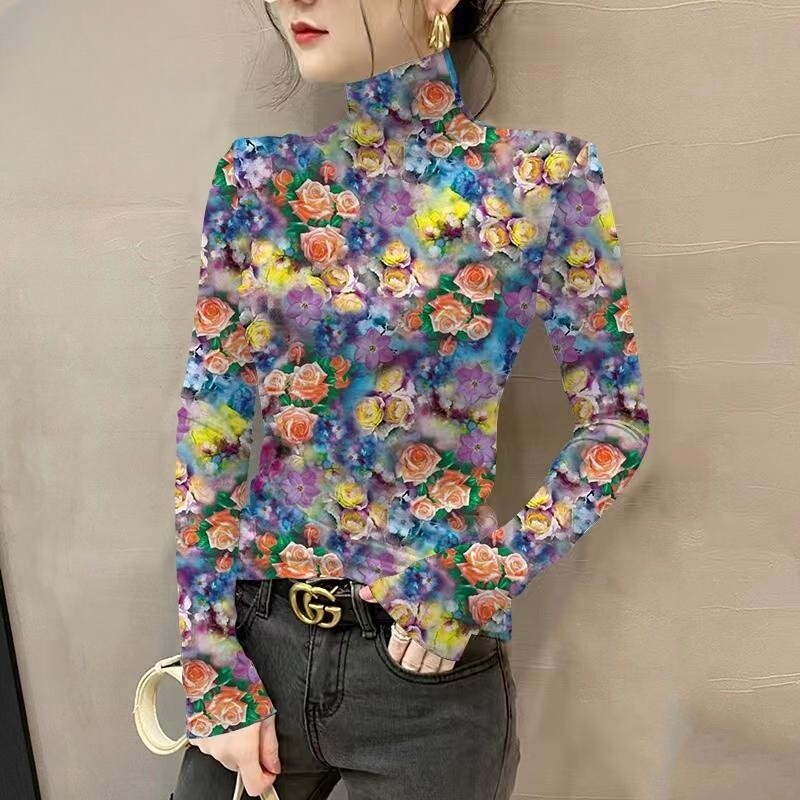 保暖德绒半高领打底衫女士秋冬内搭修身显瘦加厚长袖T恤印花上衣