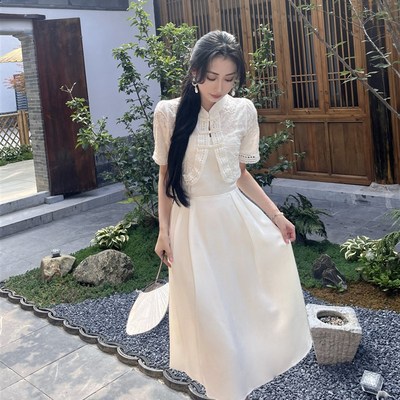 新中式国风珍珠盘扣上衣绸缎连衣裙改良旗袍两件套夏季小个子套装