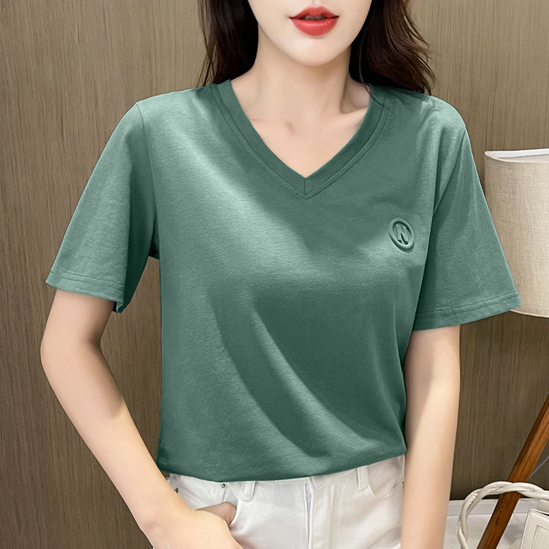 纯棉V领短袖t恤女2021年新款女装夏季宽松打底衫百搭纯色丅桖半袖