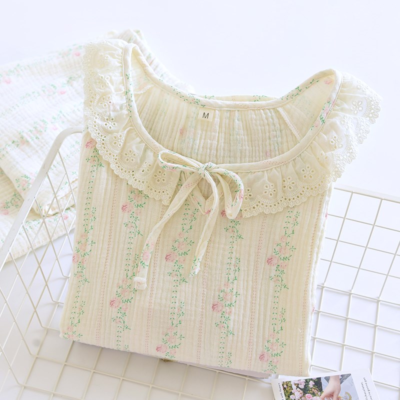 甜美碎花长袖睡衣女春秋夏款纯棉纱布双层蕾丝花边家居服套装薄款