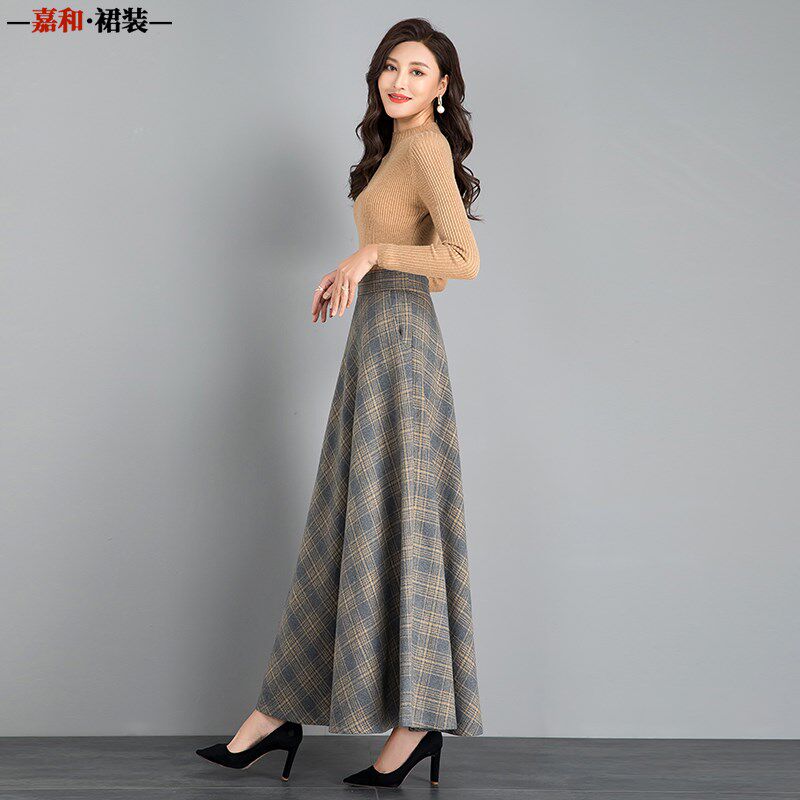 2025春秋季新款百搭格子毛呢半身裙长款女显瘦高腰A字大摆长裙子