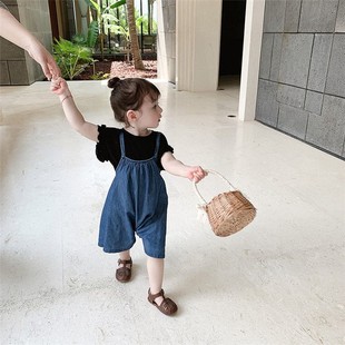 女童牛仔背带裤薄2023夏季新款中小童套装阔腿裤小女孩七分裤韩版