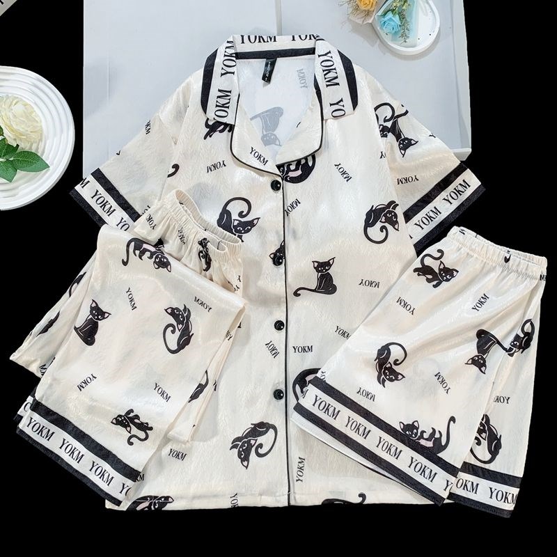 冰丝睡衣女翻领短袖夏季三件套卡通猫咪可L爱少女带胸垫家居服套
