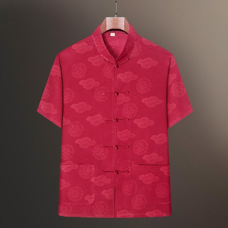 中国风唐装男夏季爸爸婚礼短袖套装中老年人爷爷中式生日过寿衬衣
