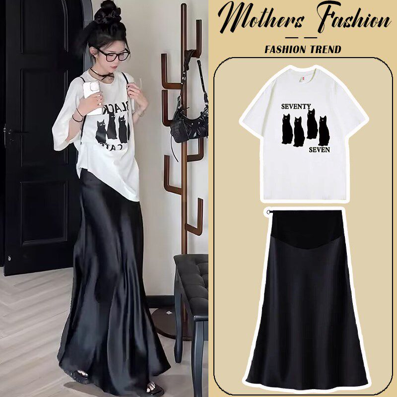 孕妇连衣裙套装夏季2025新款白色女神范时尚辣妈上衣半身裙两件套