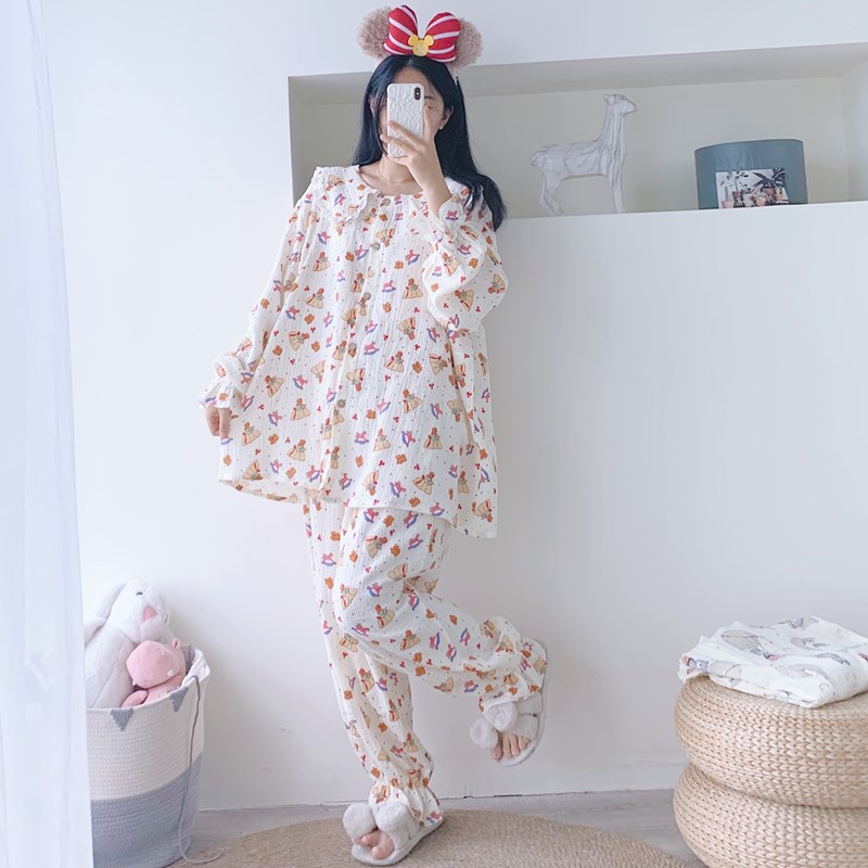 哺乳卡通纯棉双层纱布开衫睡衣长袖大码春秋宽松胖MM孕产妇月子服