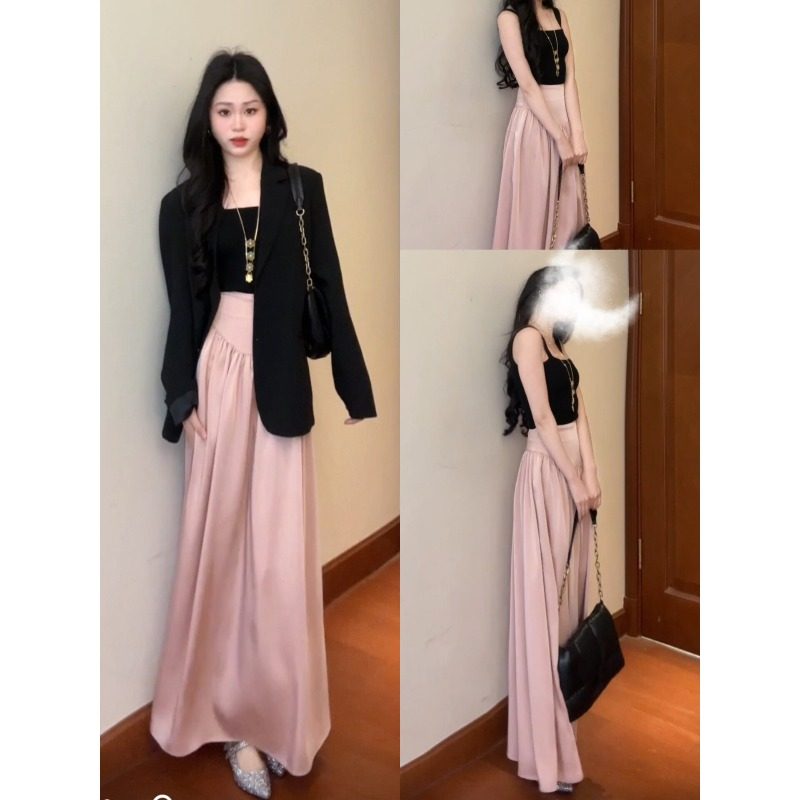 粉色高腰a字半身裙女夏季小众设计感中长款宽松垂感百褶大摆裙子