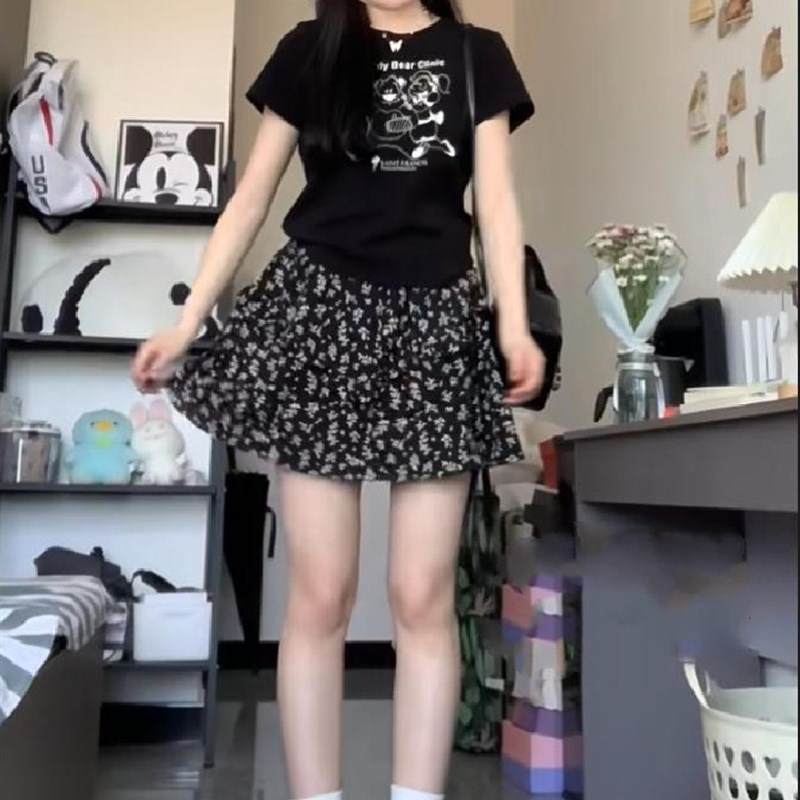 微胖MM美式复古印花正肩T恤打底衫新款木耳边碎花半身短裙两件套