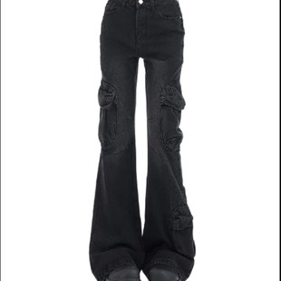 子女复古水洗做旧微喇叭牛仔裤 裤 街头休闲多口袋工装 2024秋冬新款