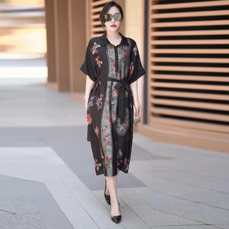 中年女装夏装妈妈真丝连衣裙洋气高贵大码200斤时尚宽松遮肚长裙
