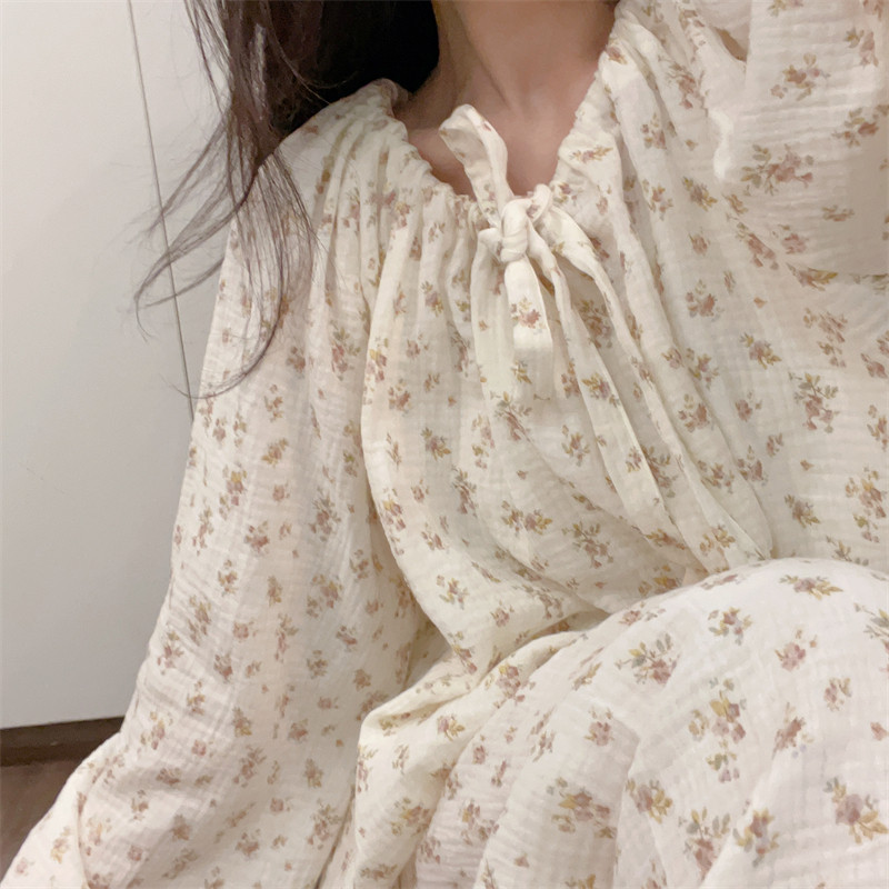 高品质韩国双层纱布温柔勿忘我花花宽松睡衣加大家居服睡裙孕妇裙