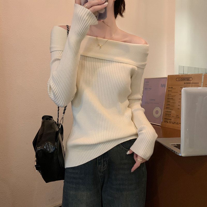 高级感超好看一字领内搭毛衣女士春秋宽松外穿长袖打底针织衫上衣