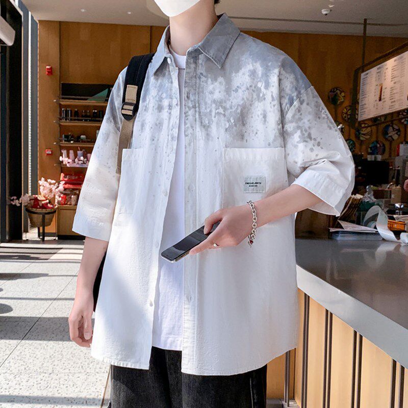 夏季新薄款短袖衬衫男生青少年学生纯棉外套上衣服渐变夹克男装士