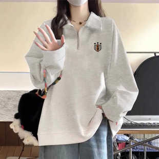 加绒卫衣女2024新款爆款秋冬季大码胖mm韩系慵懒风半拉链灰色外套