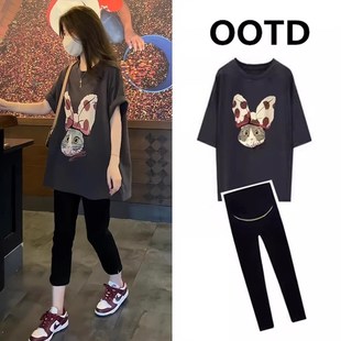 时尚套装女2024夏季新款卡通印花T恤上衣显瘦开叉弹力七分休闲裤