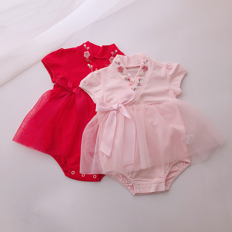 女宝宝连体衣夏季包屁衣汉服旗袍裙婴幼儿中国风满月百天纯棉纱裙