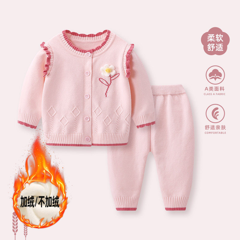 婴儿毛衣针织衫秋冬套装女宝宝开衫外套女童冬装加绒满月洋派衣服