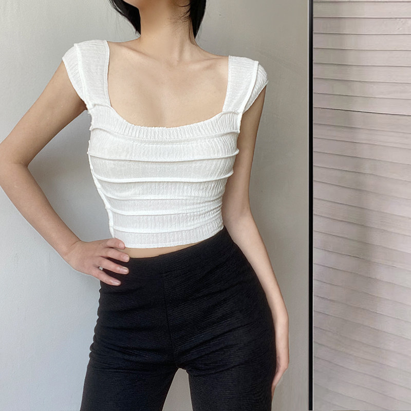 遮副乳 ~纯欲风方领褶皱白色吊带背心外穿百搭裹胸打底显瘦上衣夏