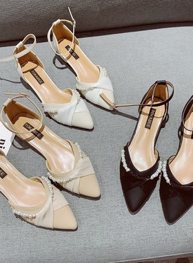 甜美珍珠装饰浅口尖头一字扣低跟单鞋女2024R年新款粗跟中跟凉鞋