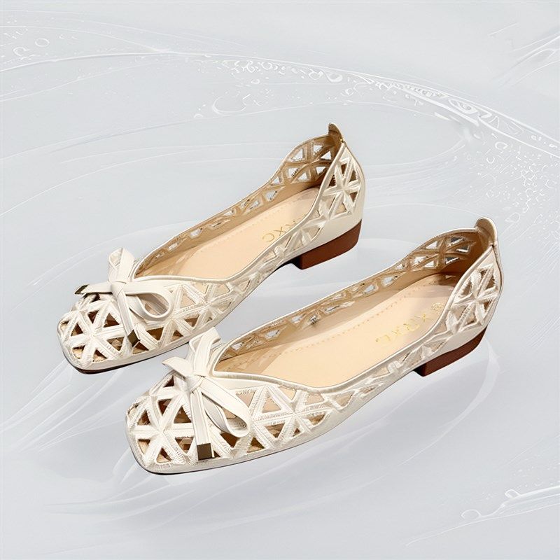 浅口豆豆鞋2025新款夏季中跟凉鞋女方头粗跟平底T单鞋女镂空奶奶,女鞋,浅口单鞋,淘宝优惠券,粉丝福利购,淘宝优惠卷