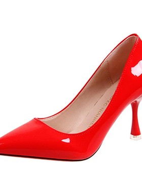 裸色高跟鞋细跟2023年新款网红气质红色L夏季春秋设计感漆皮单鞋