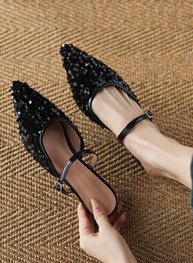 平底法式尖头粗跟包头半拖鞋女外穿2B025新款亮片单鞋女大码41一4