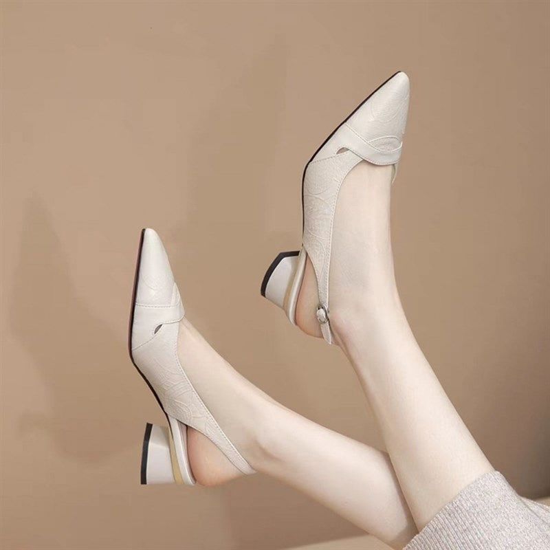 包头粗跟高跟凉鞋女2025新款夏季E外穿低跟尖头凉单鞋女款夏天皮