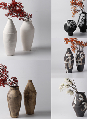 复古怀旧侘寂风手绘陶瓷几何大花瓶摆件样板间民宿客厅玄关装饰品