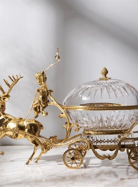 欧式透明水晶玻璃鹿拉车糖果盒摆件 高档奢华客厅玄关壁炉工艺品