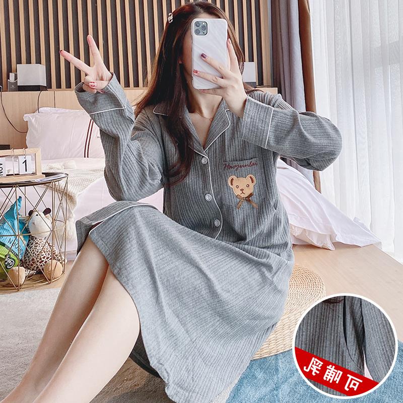 月子服哺乳睡裙女夏季纯棉长袖w春秋新款孕妇2023年产妇待产连衣