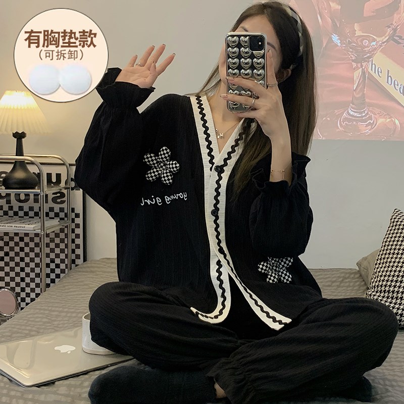 大码睡衣女春秋纯棉时尚休闲黑色两件套装带胸垫长袖可外穿家居服