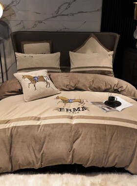 潮牌加厚保暖双面绒抗静电潮牌四件套婴儿绒刺绣床单2m被套1.8床