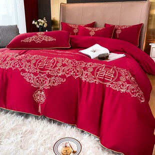 中式高档上档次刺绣婚庆四件套红色被套纯棉喜庆高级结婚床上用品