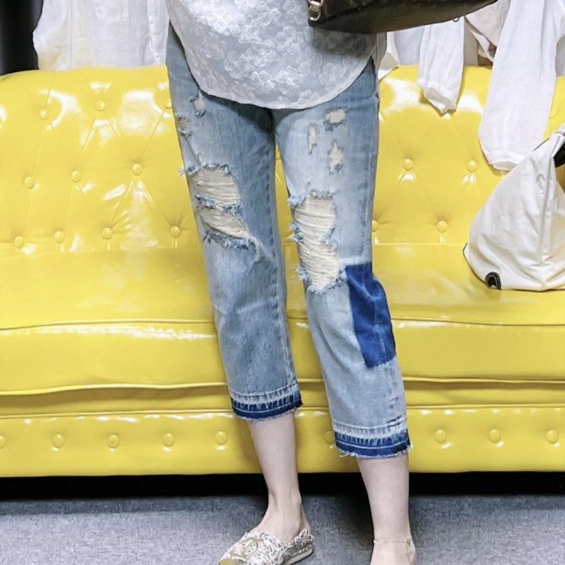 欧货2024夏季新款显瘦时尚个性水洗破洞宽松百搭八分直筒牛仔裤女图片