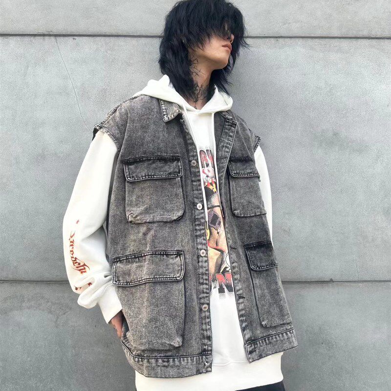 牛仔马甲宽松无袖外套时尚休闲百搭街头男女工装口袋潮流背心外套