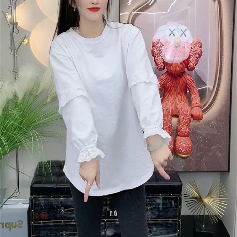 时尚纯棉中长款打底衫女2024秋冬新款百搭纯色宽松套头长袖T恤潮