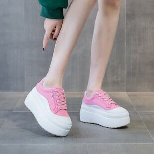 粉色厚底帆布鞋女2025春新款增高8cm洋气透气小个子松糕休闲板鞋