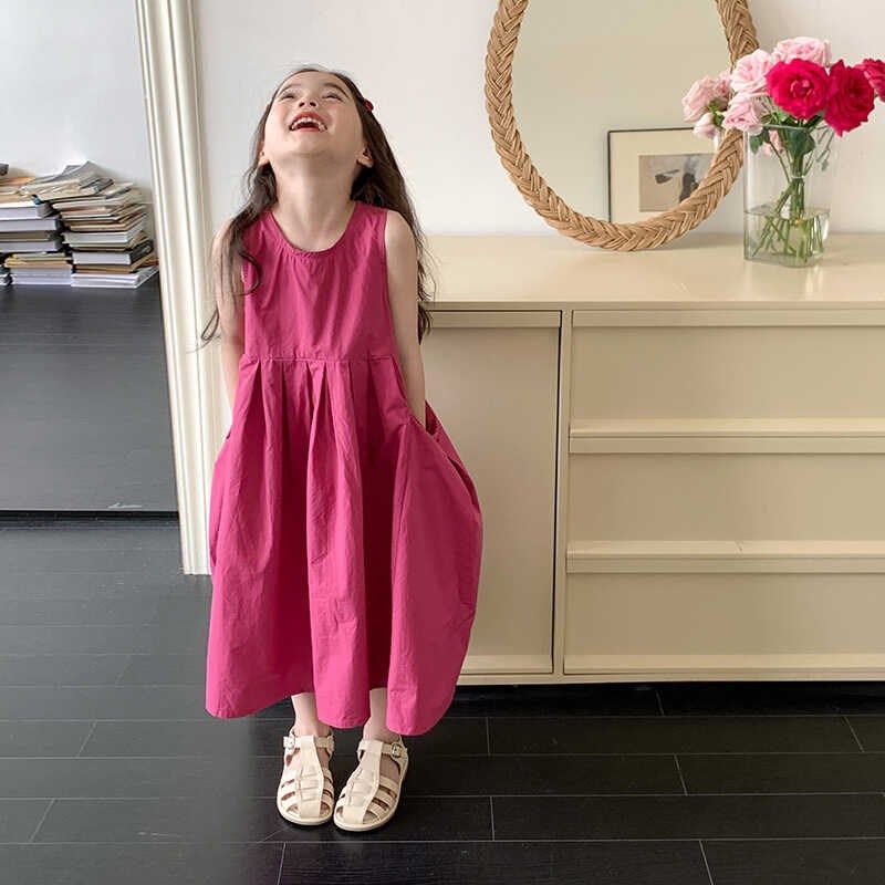 高级感纯棉女童连衣裙火龙果色夏款大口袋裙子儿童长裙公主裙大童