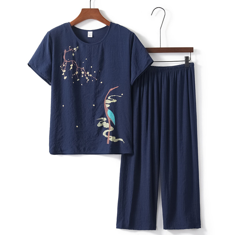 妈妈居家中老年女夏装套装奶奶短袖棉麻衣服老年人两件套老人上衣