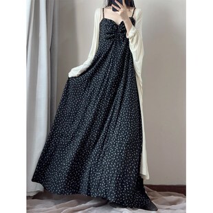黑色碎花遮肚子长裙微胖藏肉吊带裙梨型身材巨显瘦茶歇法式连衣裙