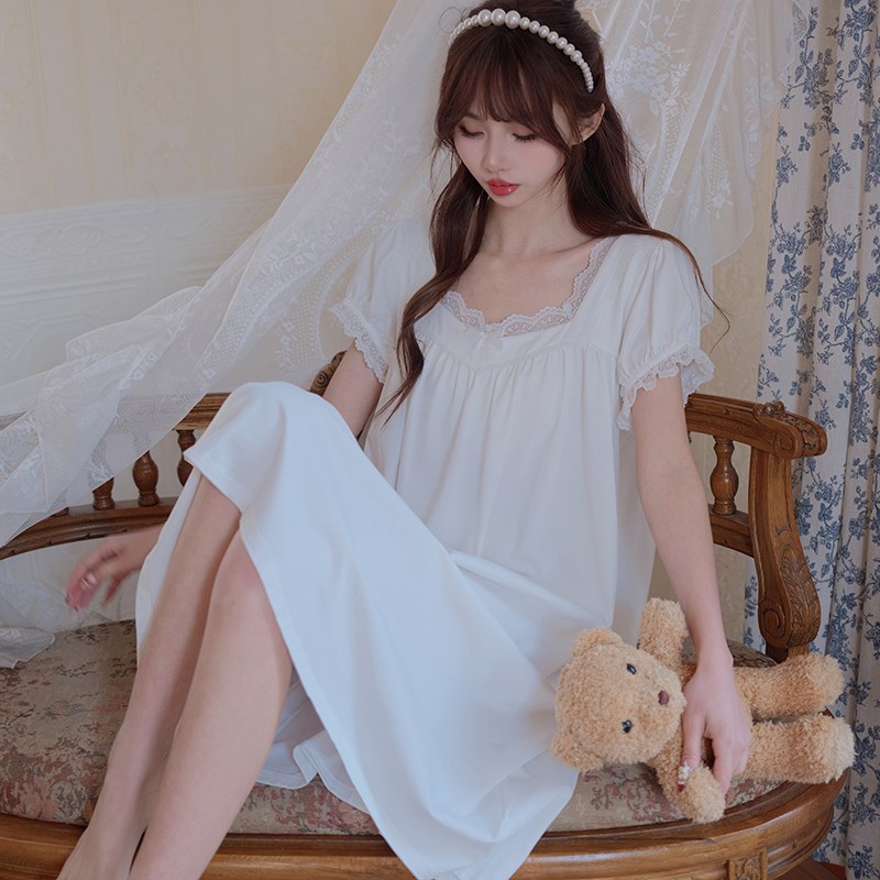 甜美少女感蕾丝花边纯色短袖睡裙女夏季新款公主风宽松学生家居服