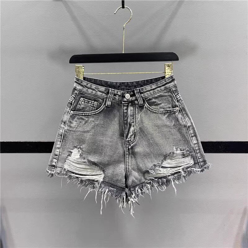 乞丐破洞灰色牛仔短裤女2024夏季显瘦高腰A字阔腿裤毛边辣妹热裤